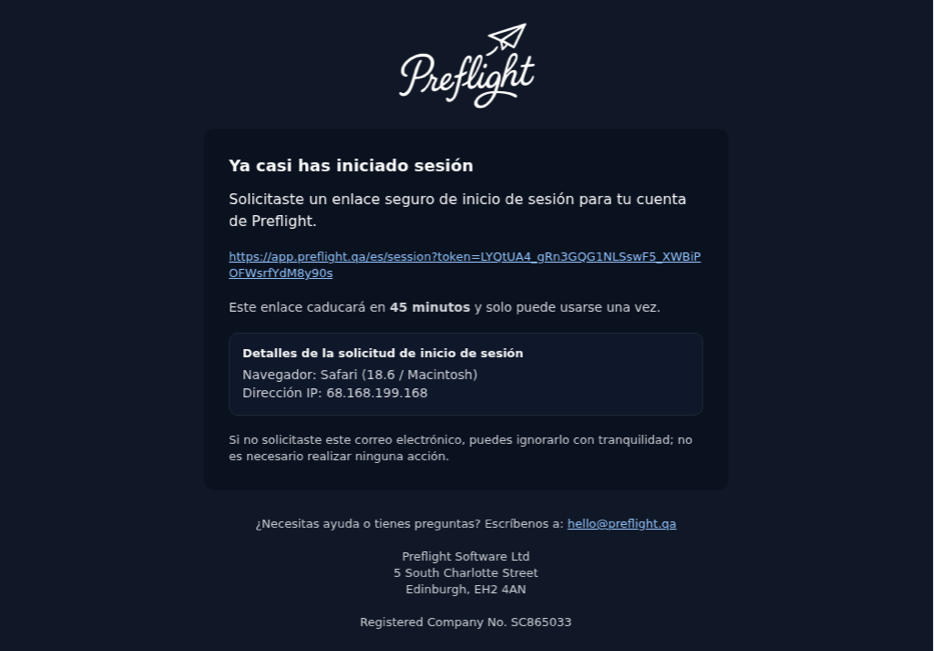 Dark mode email screenshot in Preflight