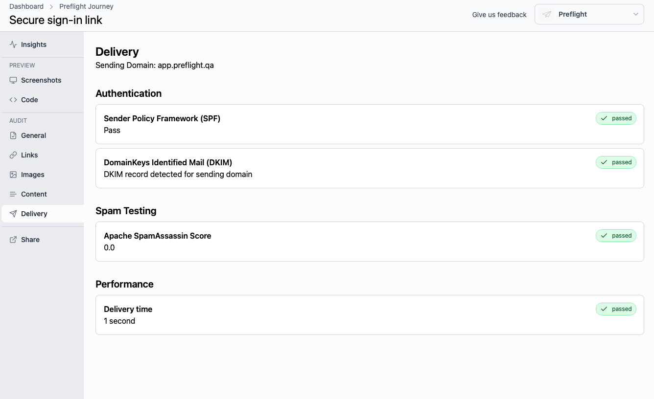 Delivery audit screenshot in Preflight