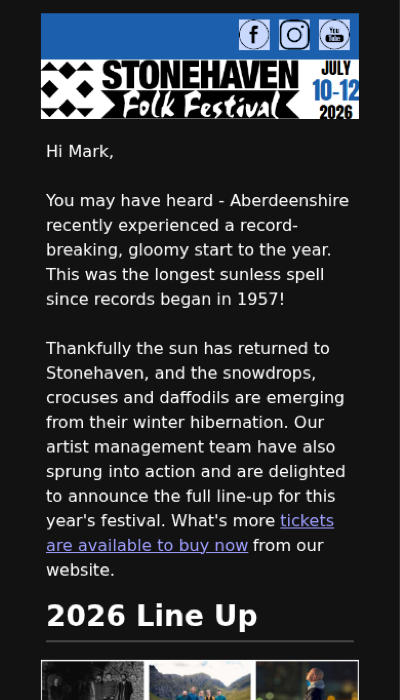 'Forced dark mode' screenshot of an email advertising the Stonehaven Folk Festival. Text is white on a black background.