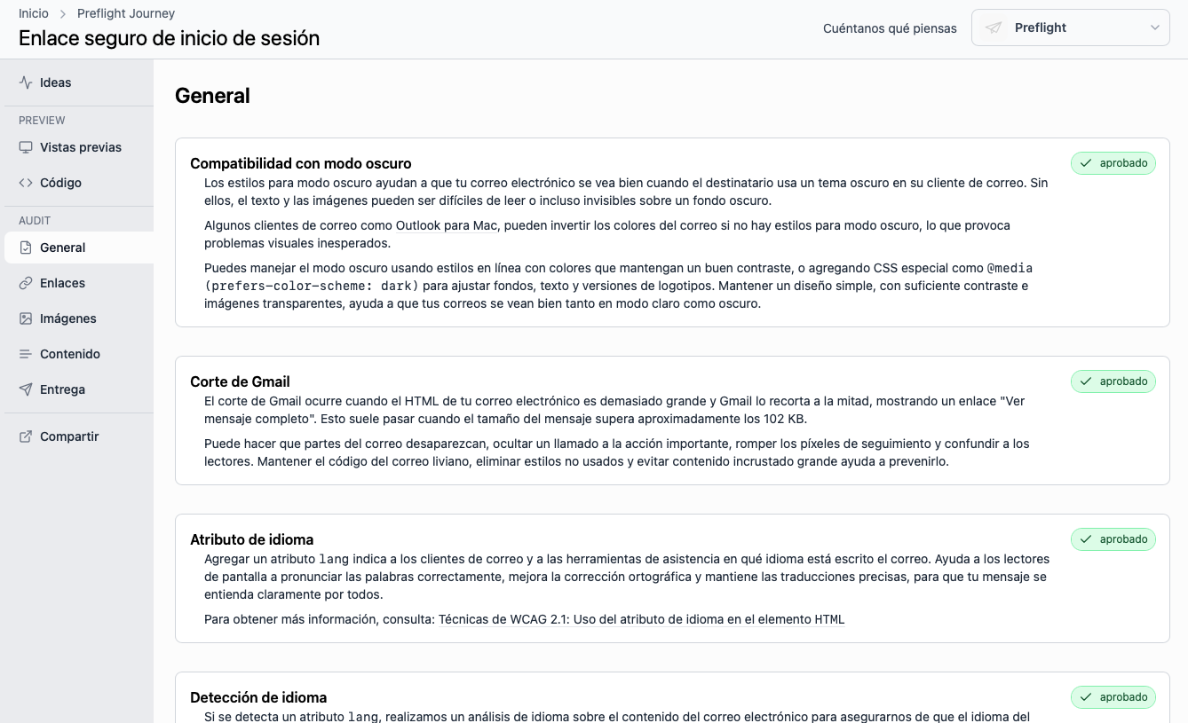 Spanish language interface screenshot in Preflight