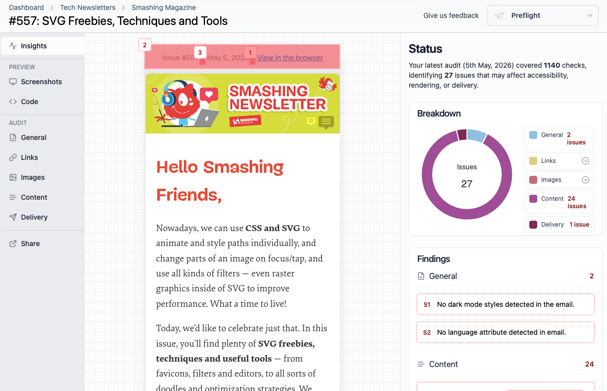 Email insights panel showing content and accessibility findings